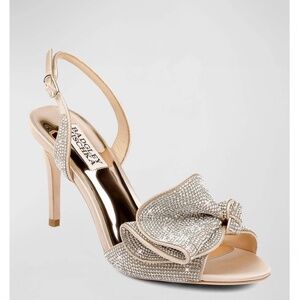 Badgley Mischka Rennie Rhinestone Ruffle Satin High Heel Stiletto Sandals US8